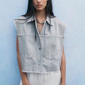 NWT ZARA Gray Cropped Oversized Denim Vest S